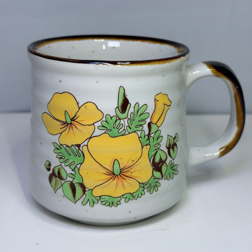 Vintage Speckled Stoneware Coffee Mug Yellow Floral Poppy Design Brown Trim